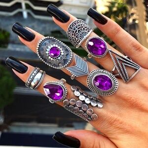 *MARGOT* 9-Pc Silver x Purple Gem Fashion Ring Set